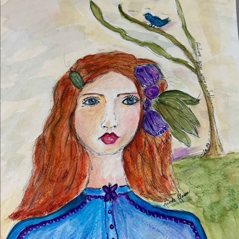 Woman Blue Watercolor Painting 10x14